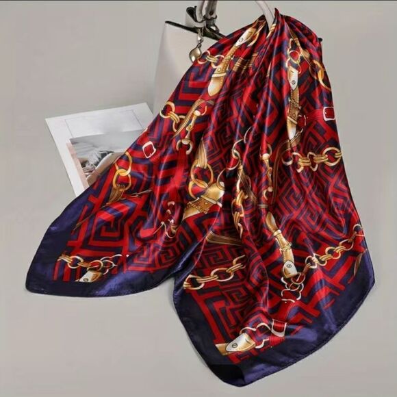 Scarf Headwraps Silky Scarf Satin Red and Blue Print - Picture 1 of 3